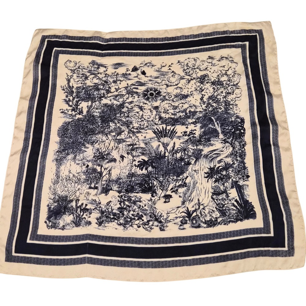 Navy Blue Cream Toile de Jouy Tropical Jungle Print Square Scarf 25x25